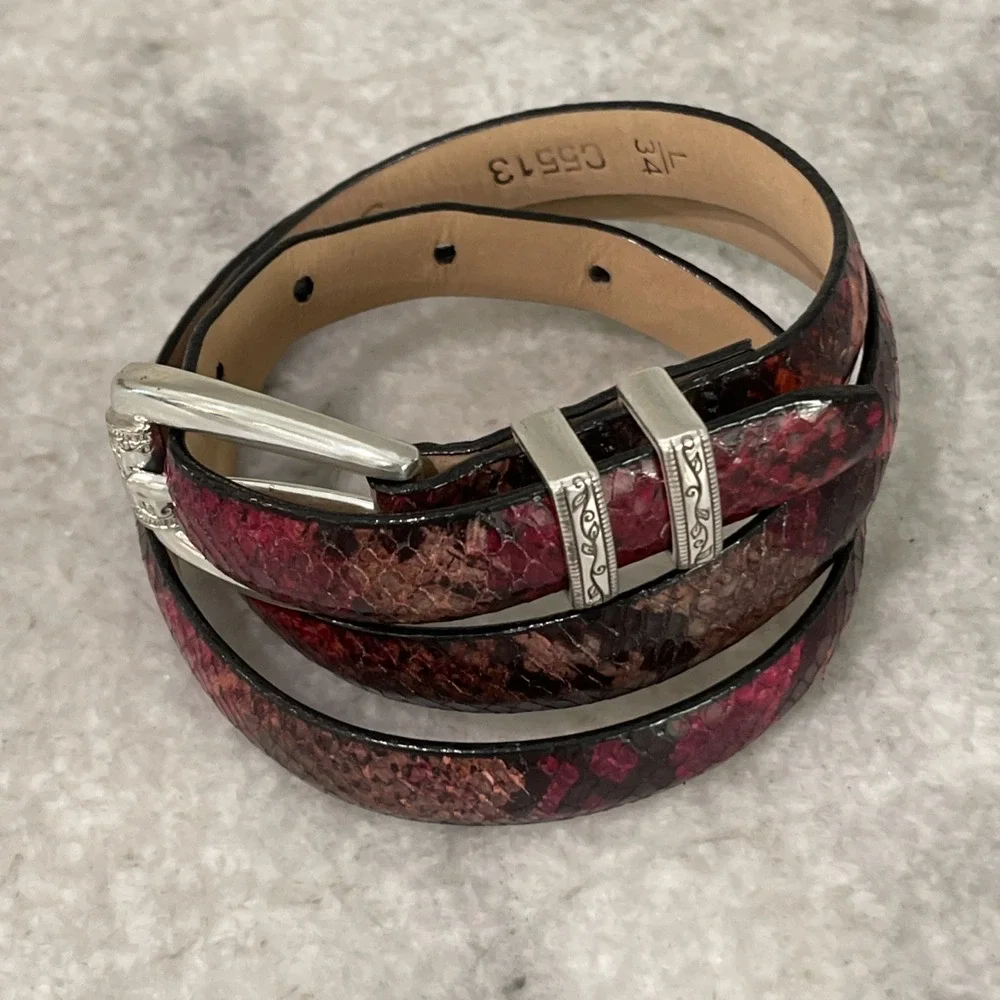 Brighton Snake Belt Womens Size 34 Large Floral Burgundy Python Skinny USA